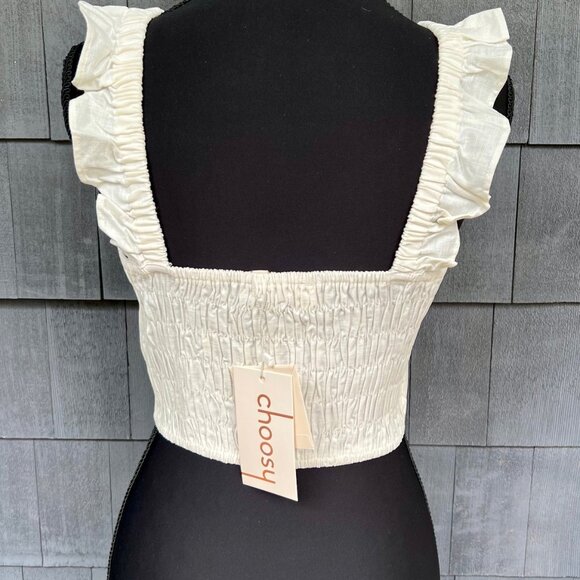 Choosy White Halter Top Cropped Ruffled Elastic Straps Button Down Small NWT - Picture 4 of 5